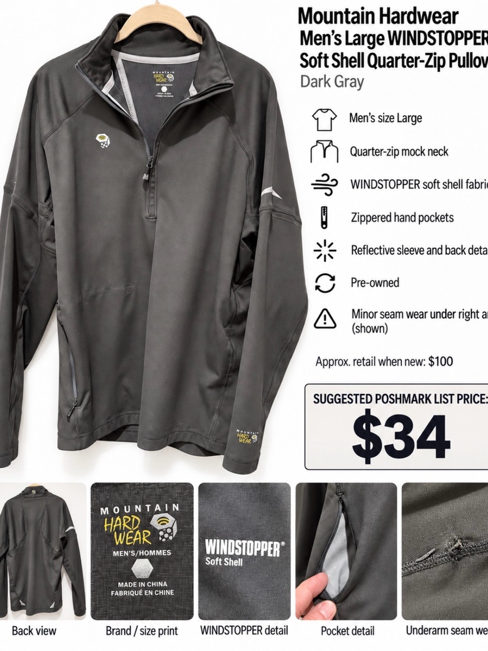 Mountain Hardwear Dark Gray Men's Windstopper Quarter-Zip Pullover